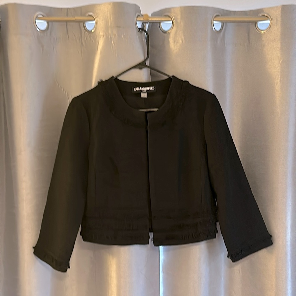 Karl Lagerfeld Paris Frayed Tweed Cropped Jacket Black